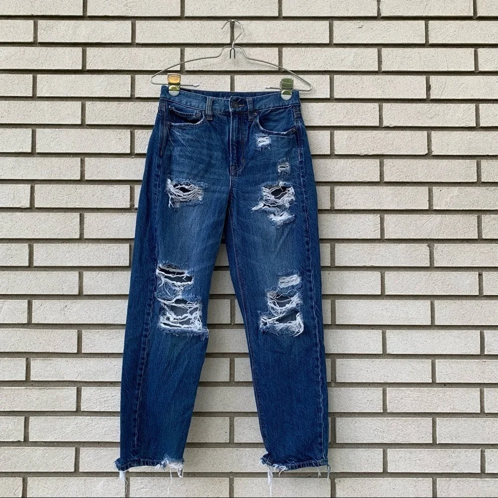 American Eagle 90s Boyfriend Distressed Ripped Destroyed Jeans Blue 00 Short - Picture 3 of 16